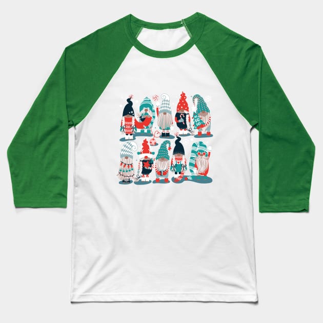 Let it gnome // spot // dark teal background little Santa's helpers preparing for Christmas neon red mint dark green and duck egg blue dressed gnomes Baseball T-Shirt by SelmaCardoso